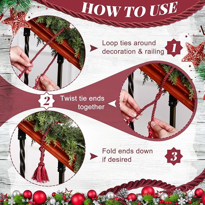 Dingion 20 Pcs Christmas Garland Decorative Banister Ties with Tassel 25.2 Inches Christmas Reusable Twist Ties for Garland Fireplace Staircase Banister Home Xmas Holiday Decorations(Burgundy)