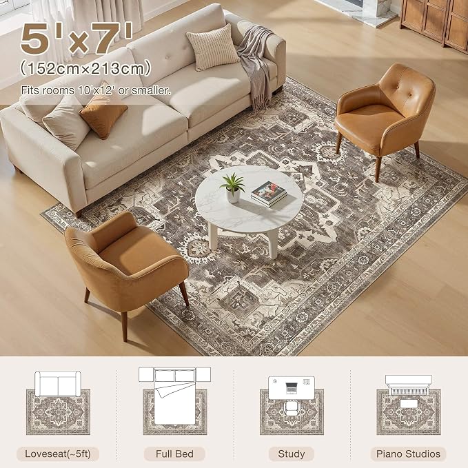Vintage Washable 5x7 Area Rug for Living Room, Brown | Soft Low Pile Rug with Non-Slip Backing, Stain Resistant for Bedroom or Dining Room, Kid & Pet Friendly