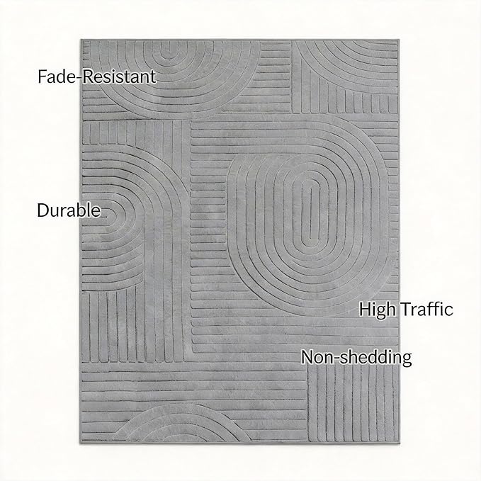 Grey Solid Area Rug 8x10, Large Washable Soft Rugs for Living Room | Soft Fluffy Modern Geometric Boho High-Low Pile Non Slip Carpet for Bedroom, Dining Room, Kids Room, Nursery,Apartment,Office