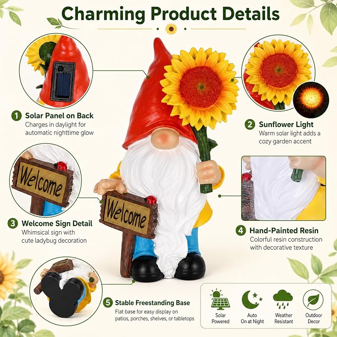 Solar Garden Gnome Outdoor Statue, 11.8" Resin Outdoor Gnome Garden Decor with Lighted Sunflower and Welcome Sign for Yard Patio Porch Lawn Decorations, Garden Gifts for Housewarming and Festivals