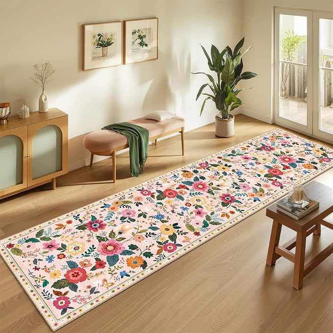Floral Washable 2x10 Area Rugs Runner Entryway Hallway Pink | Flower Carpet, Print, Boho, Non-Slip, Easy to Clean, Low Pile, Soft, for Living Room Bedroom Kitchen Office Entrance