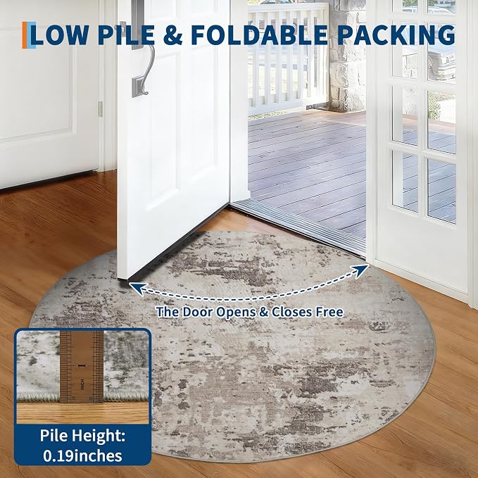 ROYHOME Modern Abstract 4x4 Round Area Rug Non Shedding, Brown Grey | Non Slip Rug Low Pile Stain Resistant for Bedroom Living Room office Dining Room