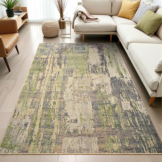 Toneed 4x6 Washable Non Slip Abstract Area Rugs for Bedroom Living Room | Soft Modern Low Pile Rug for Kitchen Hallway Office,Indoor Carpet for Kids Nursery Home Decor, Green