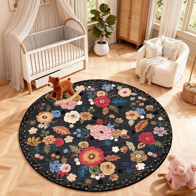 4ft Round Bedroom Rug Washable: Circle Rugs for Living Room Floral Vintage Non Slip Low Pile Soft Faux Wool Non Shedding Small Carpet for Kitchen Entryway Bathroom Bedside Office Farmhouse Entrance