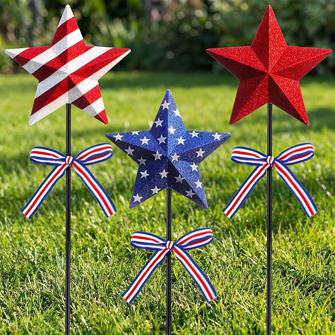 Amyhill 3 Pcs 4th of July Outdoor Decor Patriotic Star Metal Garden Stakes Memorial Day Welcome Yard Signs Red White Blue Decorations Garden Stakes for 250th Anniversary Patio Lawn Walkway Outside