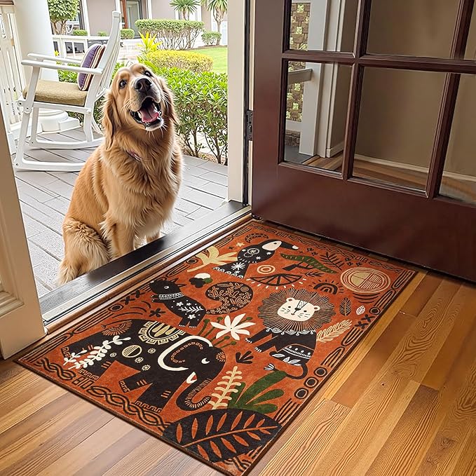 jinchan 2x3 Cute Area Rug Kids Washable Fun Rug Terracotta Boho Jungle Mat | Soft, Cozy, Non-Slip, Kid-Friendly, Safari, Lightweight, Entryway, Kitchen, Dorm, Bedroom, Laundry Room, Bathroom, Nursery