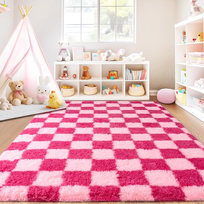 Checkered Rug 9x12 for Living Room, Ultra Fluffy Fuzzy Shag Large Area Rug for Bedroom, Modern Plush Soft Upgrade Non-Slip Carpet for Kids and Girls Room Dorm Home Decor, Pink and Hot Pink