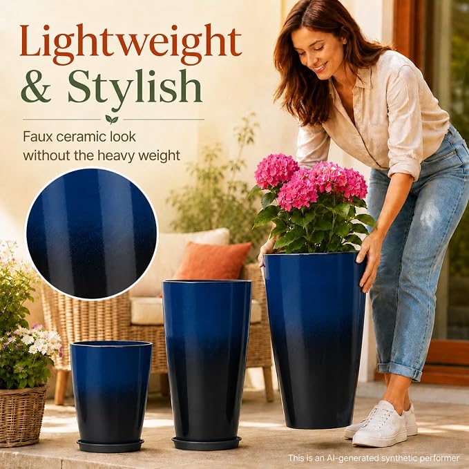 Neoaider Set of 3 Tall Planter, 24/21/12in Large Plastic Planter, Dark Blue | Ceramic-Look, Lightweight, Built-in Drain Hole, Saucers, Tall Outdoor Planter for Porch, Garden, Patio, Balcony
