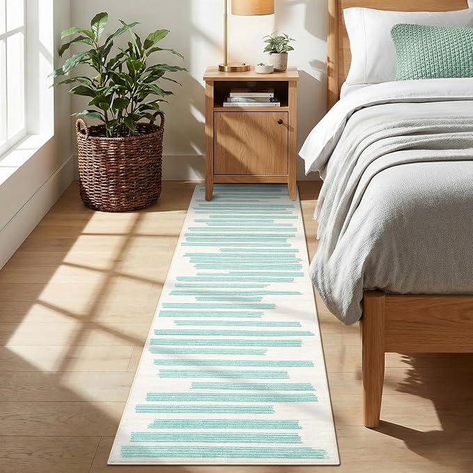 GarveeHome 2x6 Green Runner Rug for Hallway Striped Non Slip Kitchen Rug | Non-Slip Washable Low Pile Carpet for Bedroom Entryway Stain Resistant Foldable Soft Enreyway Rugs