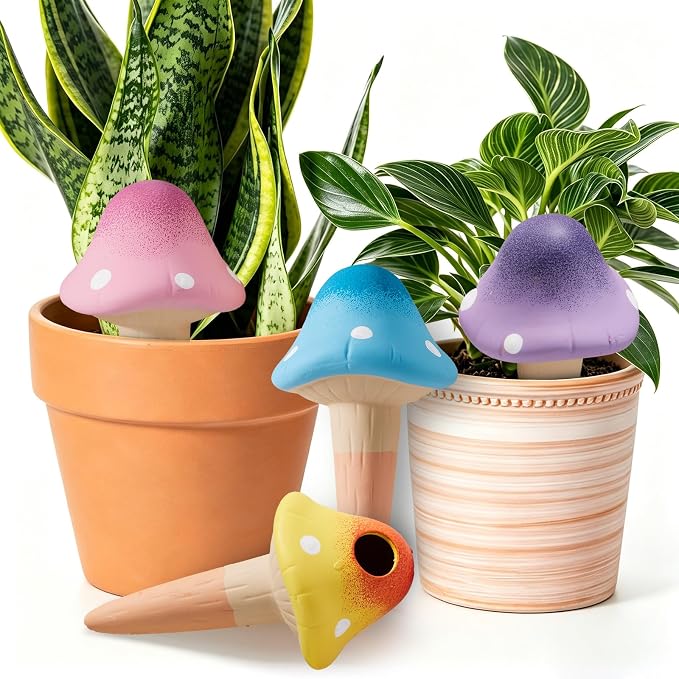 Yeswhat Self Watering Plant Spikes 4 Pack, Terracotta Mushroom Automatic Plant Waterer for Indoor Outdoor Plants, Slow Release Watering Stakes, Vacation Watering Devices for Potted Plants Garden Decor