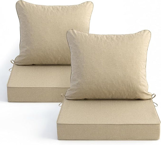 Summsun Outdoor Chair Cushions Set of 2, Faux Linen Patio Furniture Cushions, Water Resistant Backrest and Deep Seat Cushion Set with Straps, Removable Cover, Non-Slip Bottom, 22 x 22 Inch, Nature