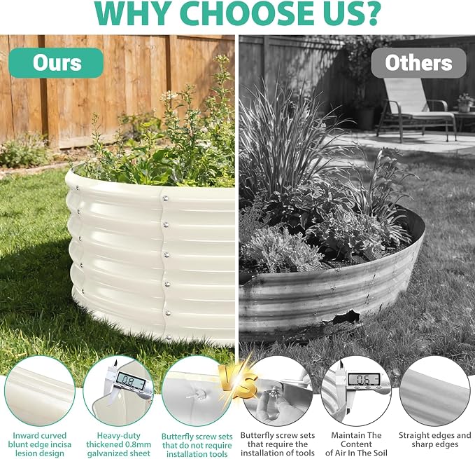YSEJOMP 17" Tall Round Outdoor Garden Raised Garden Bed Kits-0.8MM Thick Metal Raised Planter Bed/Ground Planter Box for Variety of Flowers,Herbs,Vegetables,Trees (Cream White, 40 Dia X 16.5 inches)