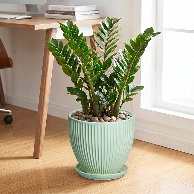 10 Inch Planter Indoor, Ceramic Pots for Plants Indoor, Decorative Plant Pots with Drainage Hole and Saucer, Large Modern Planter, Round Flower Pot, Floor Decor, Women Men Gifts, Mint Green