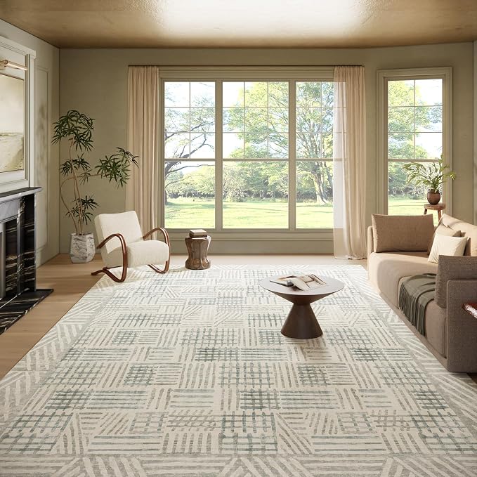 Area Rug 9x12 Abstract Geometric Textured Brushstroke - Neutral Gray & Light Blue Modern Minimalist Area Rug, Decorative Carpet for Living Room Bedroom Home Decor