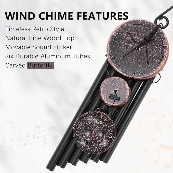Butterfly Wind Chime for Outside – Vintage Copper 3D Embossed Butterfly Wind Catcher Deep Tone, Resin Medallion Garden Outdoor Hanging Décor Ornament, Gifts with Card Box for Women Men