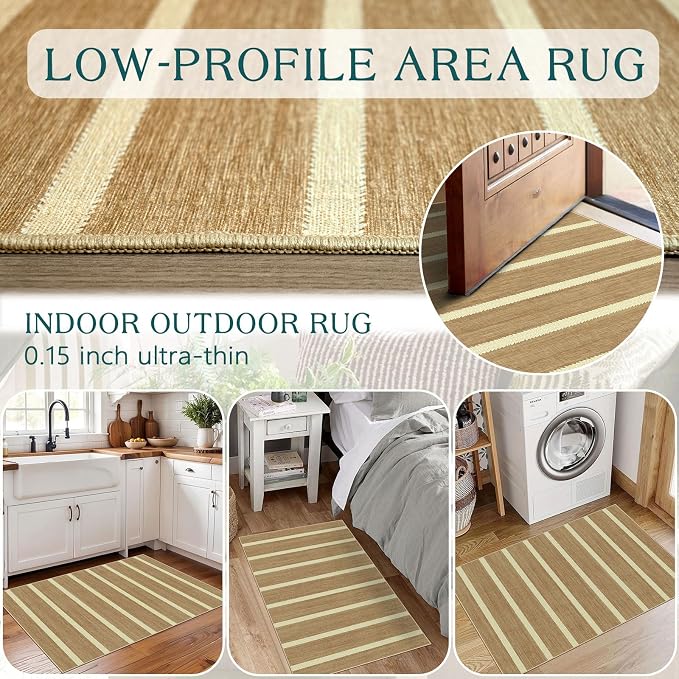 Indoor Front Door Mat, 2x3 Cottage Tan Beige Striped Front Door Rug | Non-Slip Washable Doormat Indoor Outdoor Entrance Small Rugs for Entryway Bedroom Kitchen Mat for Floor Front Porch Decor
