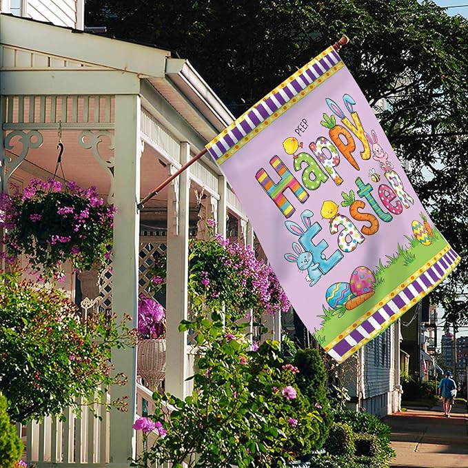 Easter Eggs Garden Flag Double Sided, Easter Bunny Decorations for Porch Welcome Banner for Outside March Spring Yard Outdoor Farmhouse Decoration (Large-28×40 inch)