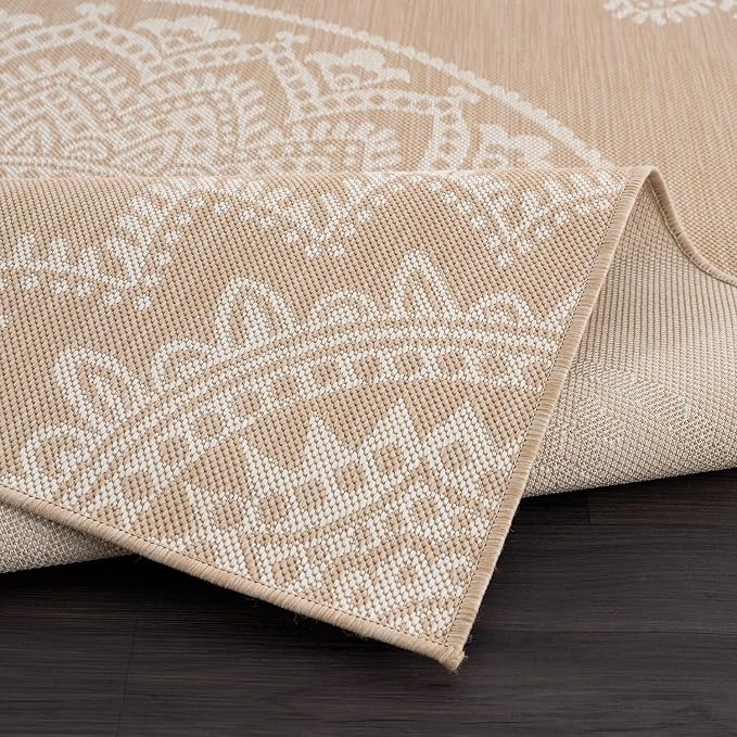 CAMILSON Outdoor Rug 10x14 Modern Area Rugs for Large Indoor and Outdoor Patios and Porches - Washable, Non-Shedding, Easy-to-Clean Outside Carpet (10 x 14, Medallion - Beige/White)