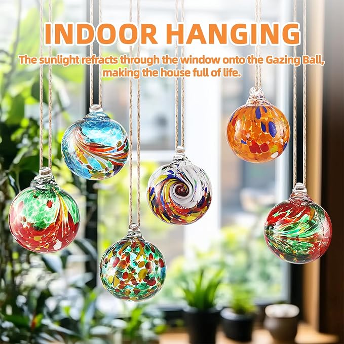 VOREEN 6-Pack Blown Glass Christmas Ornaments, 2.56" Handblown Hanging Glass Gazing Balls for Christmas Tree Decoration, Holiday Ornament Gift Set（Colorful Festival Mix）