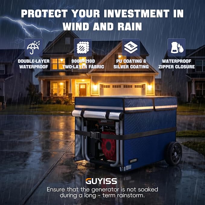 Generator Covers While Running. 360° All-round Double-layer Protection. 38"L×28"W×27"H. The Top can be Opened for Adding Fuel. Blue.