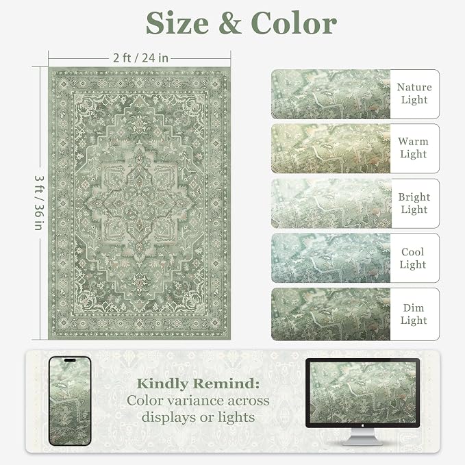 Sage Green 2x3 Washable Kitchen Rugs Non Slip, Cottagecore Cozy Ultra Thin Door Mats Indoor Entrance, Soft Vintage Medallion Entryway Rug, Small Rug for Inside Entry/Foyer/Bathroom/Bedside