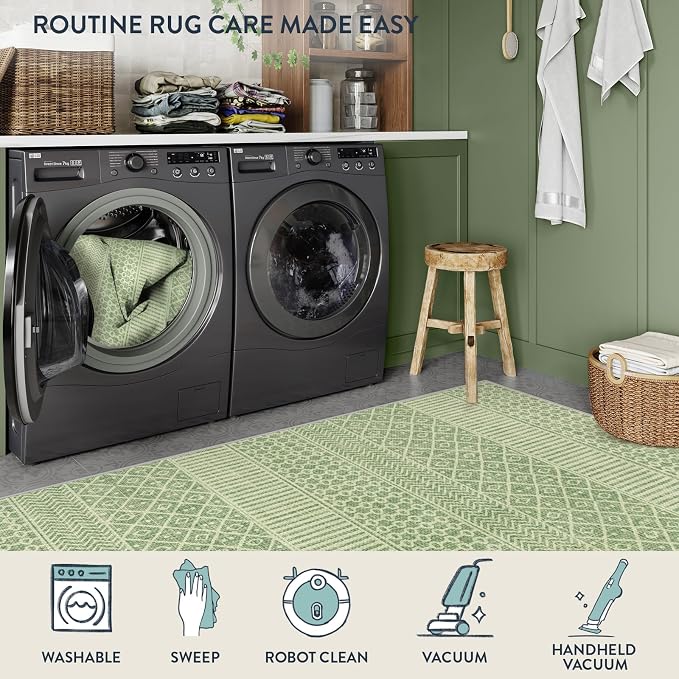 Lahome Farmhouse Washable 2x6 Kitchen Runner Rug, Non-Slip, Sage Green | Boho Textured Neutral, Low-Pile, Geometric Pattern, Modern, Moroccan, Entryway Hallway Runner Kitchen Bathroom Laundry Room
