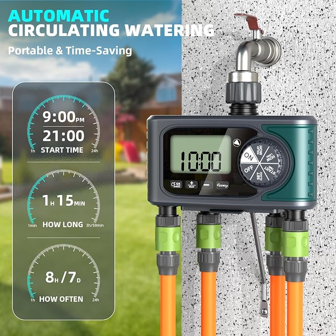 Sprinkler Timer for Outdoor Hose Faucet 4 Zone, Programmable Hose Timer with Rain Delay/Manual/Automatic Watering System, Water Timers for Garden Hose, Digital Drip Irrigation for Yard Lawn Outdoor