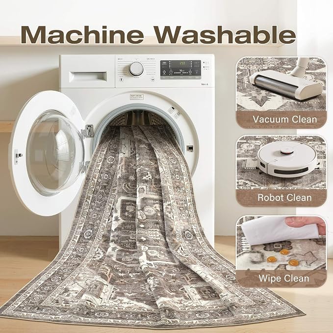 Vintage Washable 10x14 Area Rug for Living Room, Brown | Soft Low Pile Rug with Non-Slip Backing, Stain Resistant for Bedroom or Dining Room, Kid & Pet Friendly