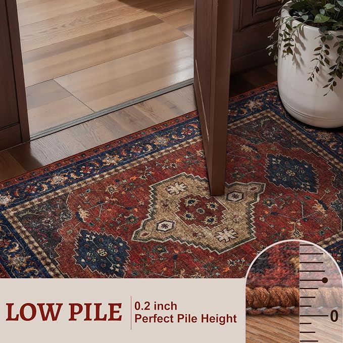 Tangsoo Red 5x7 Washable Area Rugs for Living Room, Oriental Non Slip Rug | Vintage Indoor Large Rug, Boho Print Carpet, Soft Low Pile Foldable Floor Rugs for Bedroom Dining Room Red Beige Home Decor
