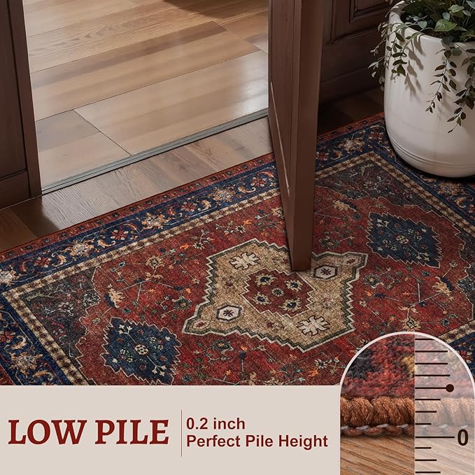 Tangsoo Oriental 2x3 Washable Rugs for Entryway, Non Slip Small Area Rug | Red Vintage Indoor Front Door Rug, Boho Print Door Mat Carpet, Soft Low Pile Throw Rugs for Entrance Entry Kitchen Bedroom