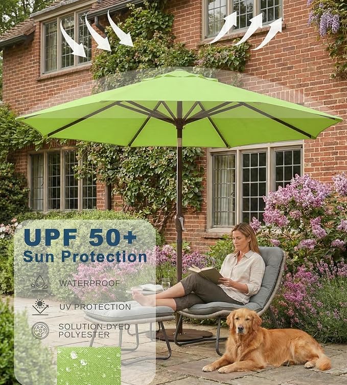 PatioKingdom 9FT Patio Outdoor Umbrella-UPF 50+ Sun Shade with Wind Vent, Push-Button Tilt & Smooth Crank Lift, Rust-Resistant Fiberglass Frame for Garden, Backyard,Yard (Apple Green)