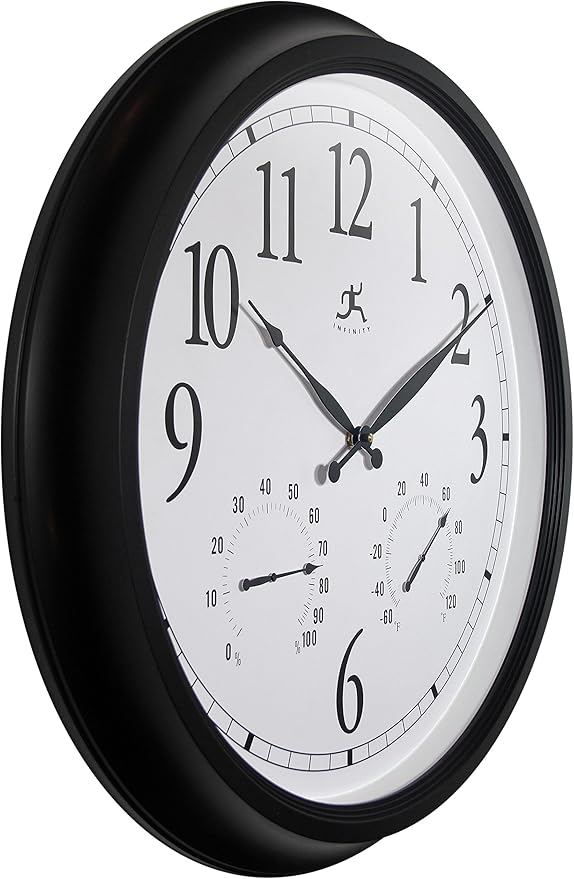 Infinity Instruments 24 inch Classic Black Wall Clock Thermometer Humidity Outdoor | Round Outdoor Wall Clock | Outdoor Indoor Thermometer Clock Hygrometer | Great for Garage, Patio, Pool, Outdoors