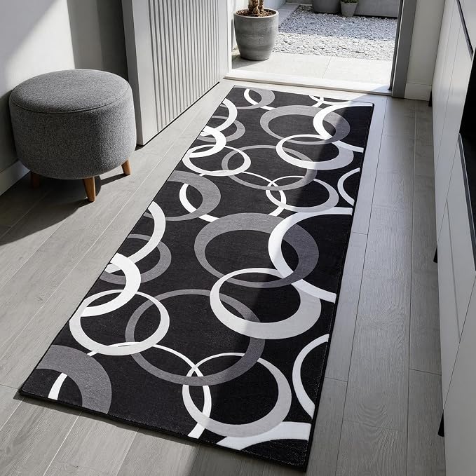2x6 Kitchen Runner Rug Non Skid Washable, Black and White 6ft Rug Runners for Bathroom Hallway Non Slip, Modern Carpet Runner for Entryway Bedside Laundry Room