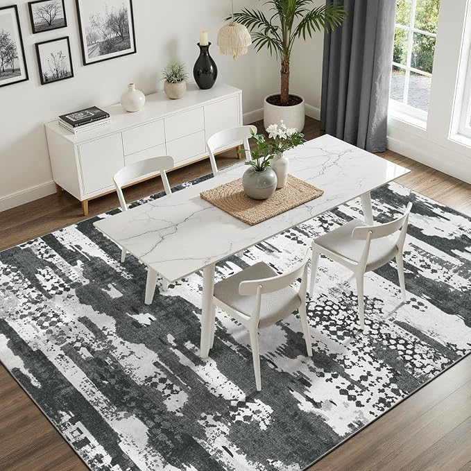 DCX Washable Abstract Area Rug 6x9, Non Slip Low Pile Rug, Black | Easy to clean, non-shedding, soft, kid & pet friendly, with a non-slip rubber backing for living rooms, bedrooms, and offices