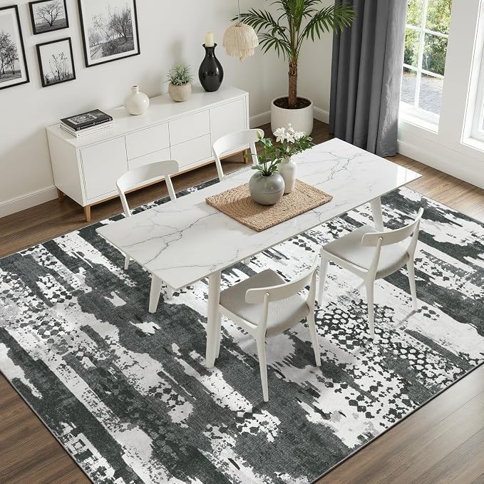 DCX Washable Abstract Area Rug 9x12, Non Slip Low Pile Rug, Black | Easy to clean, non-shedding, soft, kid & pet friendly, with a non-slip rubber backing for living rooms, bedrooms, and offices