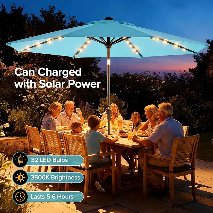 NEWBULIG 10ft Solar Patio Umbrella with 32 LED Lights, Table Market Umbrella with Tilt Adjustment & Crank Lift, Outdoor Sun Umbrella for Garden, Deck, Backyard, Pool and Beach