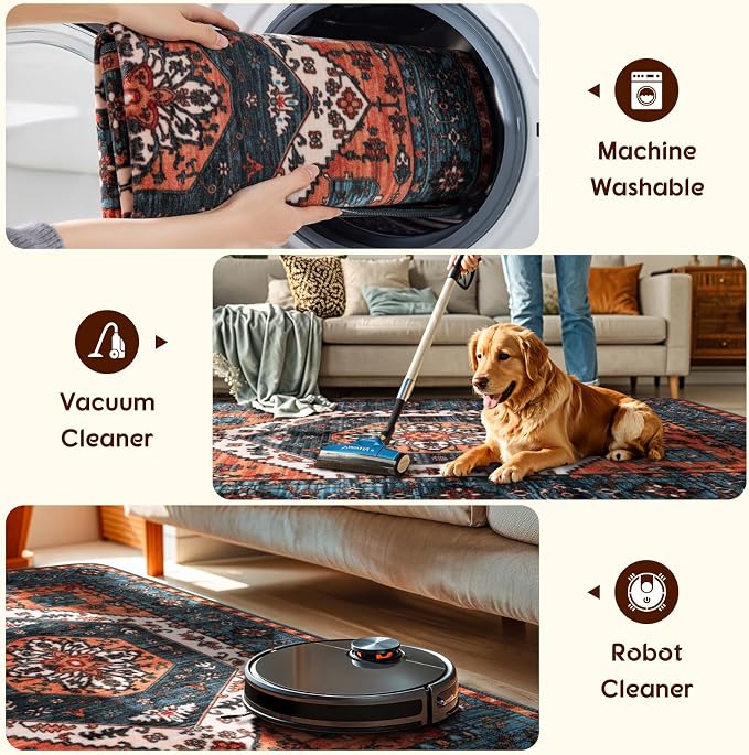 LBRO2M Machine Washable Rug Soft Pet Friendly Carpet 2X3 Rust Teal | Persian Rug 2X3 for Entryway, Kitchen, Bathroom Non Slip Carpet, Foldable Stain Resistant Rugs
