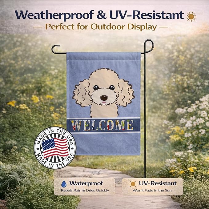 Caroline's Treasures BB1444GF Buff Poodle Welcome Garden Flag, Blue Mailbox Flag Decorative Yard Flag Banner Outside Patio Artwork Yard Flower Beds, Garden Size, Multicolor