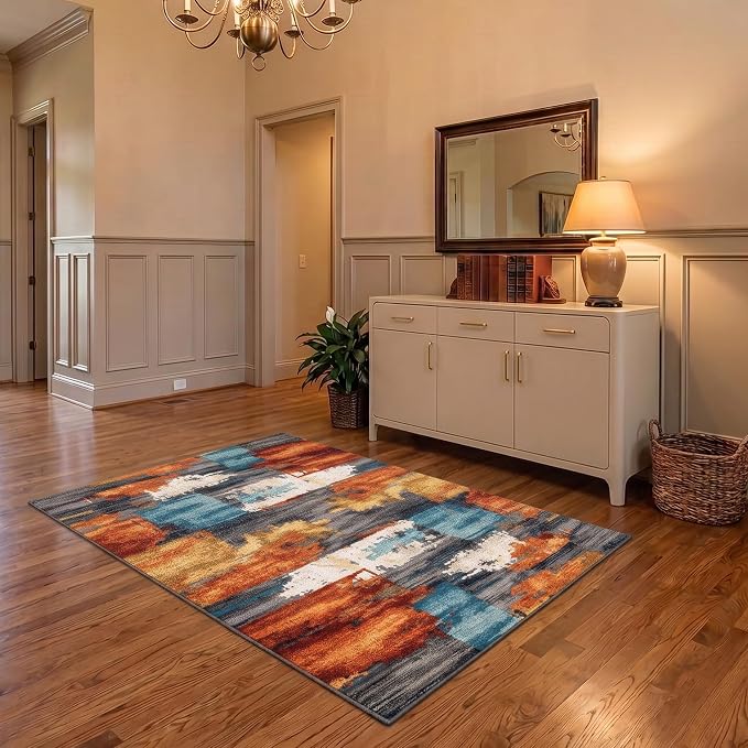3x5 Burnt Orange and Teal Abstract Brushstroke Area Rug | Soft Low-Pile Machine-Washable Rug with Non-Slip Backing for Dining Rooms, Entryways and Reading Areas for Easy Everyday Care