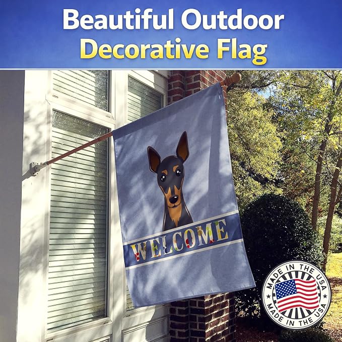 Caroline's Treasures BB1426CHF Min Pin Welcome House Flag, Blue Large Porch Sleeve Pole Decorative Outside Yard Banner Artwork Wall Hanging, Polyester, House Size, Multicolor