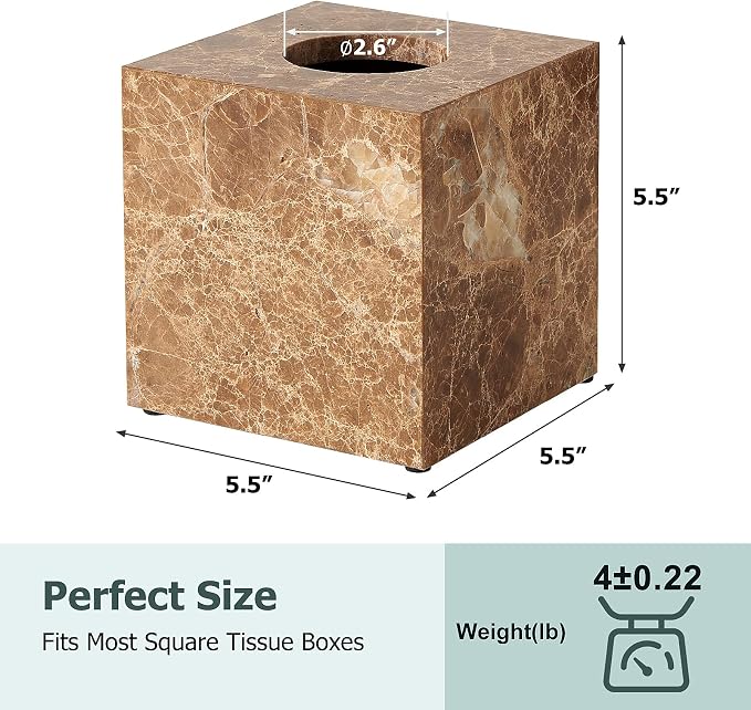 Real Natural Marble Tissue Box Cover, 5.5 Inch Square Marble Tissue Box Holder with Open Bottom, Heavy Stone Decorative Organizer for Bathroom Vanity, Kitchen Countertop, Luxury Home Décor