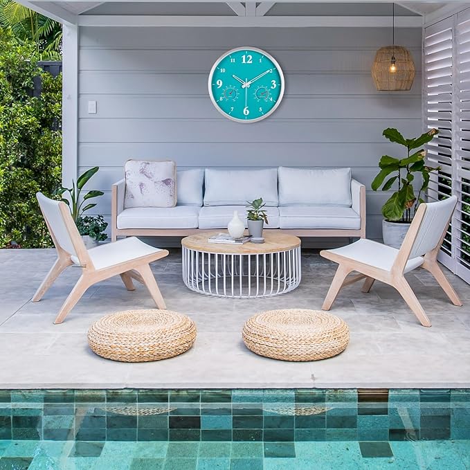 Outdoor Clock Waterproof with Thermometer and Hygrometer Combo, Outdoor Metal Wall Clock for Garden Patio Pool 12 Inch Blue