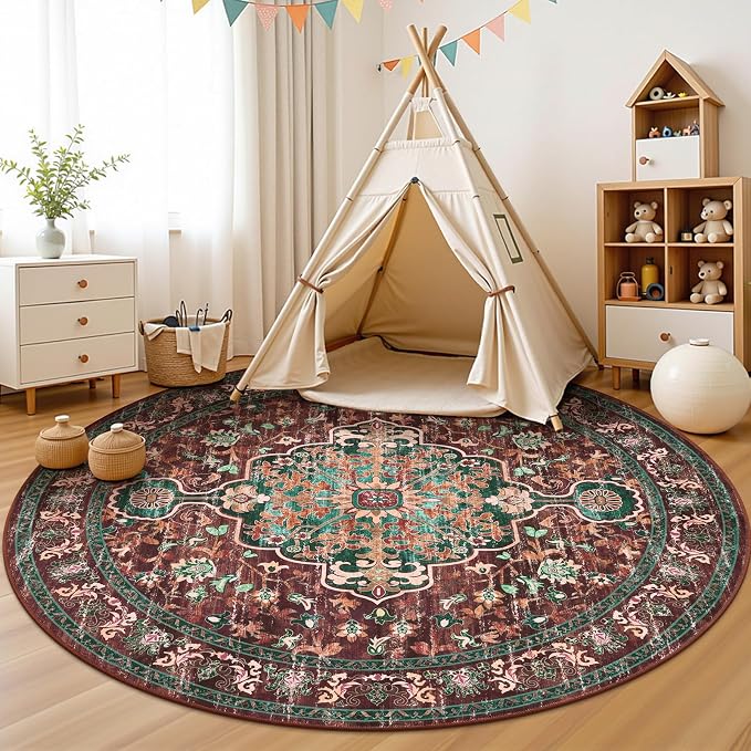 U'Artlines Boho Round Area Rug 8ft Machine Washable Carpet, Rust＆Teal | Vintage, Low Pile, Non Slip, Ultra-Thin Soft Floor Carpet, Circle, Accent Rug for Living Room Bedroom Dining Room Office