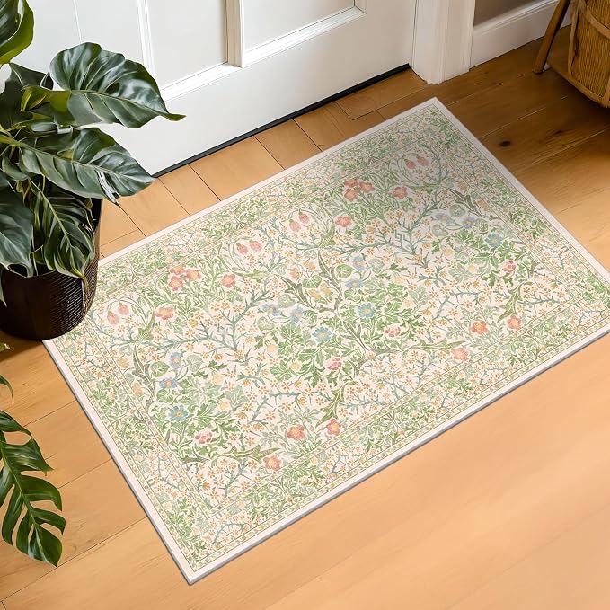 Washable Rug 2x3 - Front Door Rugs Indoor, Non-Slip Bathroom Small Rugs, Vintage Floral Style Rug for Kitchen, Perfect for Entryway Décor (2x3 Beige Green)