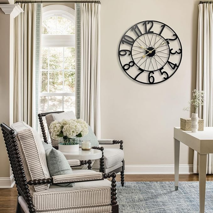 Large Wall Clock, Modern Black Decorative Wall Clock Silent Non Ticking Battery Operated, 24 Inch Wheel Metal Clock for Outdoor Covered Patio, Pool Area, Living Room, Farmhouse, Kitchen