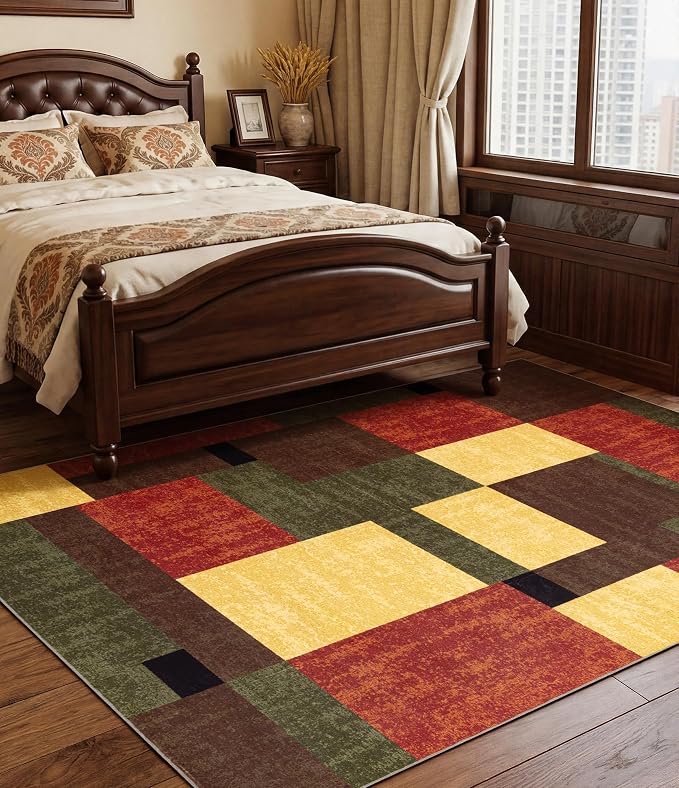 Red and Green Rug 4x6, Burgundy Farmhouse Vintage Rugs Washable for Living Room,Burnt Orange Area Rug Non Slip,Geometric Boho Area Rug for Kitchen,Dining Room,Bedroom