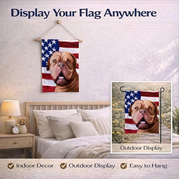 Caroline's Treasures CK6505GF Dogue de Bordeaux Dog American Flag Garden Flag Mailbox Flag Decorative Yard Flag Banner Outside Patio Artwork Yard Flower Beds, Garden Size, Multicolor