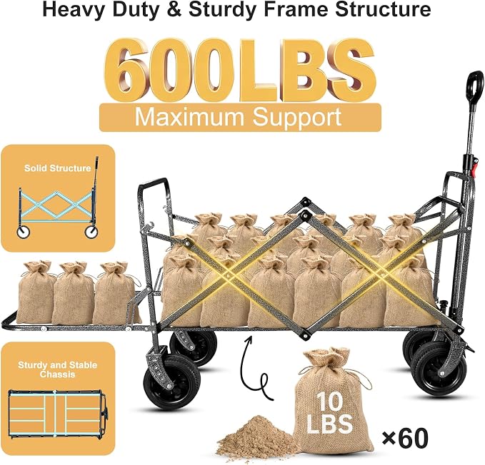 56" Large Collapsible Folding Wagon with Tailgate and Brake, 600LBS Heavy Duty Utility Cart, 250L Large All-Terrain Beach Wagon for Camping Garden Shopping Grocery Sports