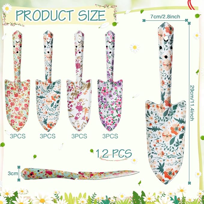 12 Pcs Floral Garden Shovels Bulk Gardening Gift for Women Heavy Duty Metal Garden Tools Floral Hand Shovel Planting for Summer Employees Birthday Thank You Gifts (Colorful Flowers)