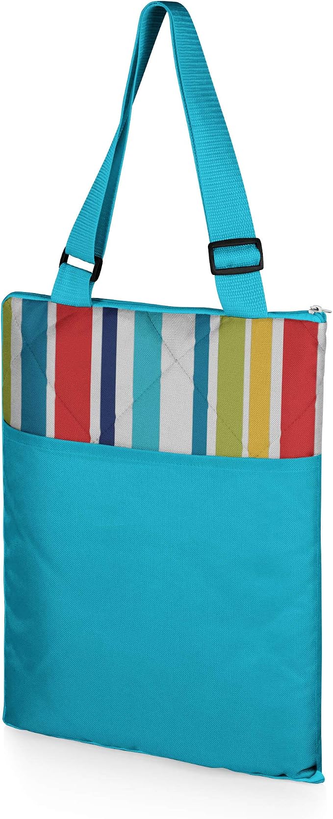 ONIVA - a Picnic Time brand - Vista Outdoor Picnic Blanket & Tote - Beach Blanket - Camping Blanket, (Fun Stripe Pattern with Aqua Blue Exterior), 16 x 11 x 3